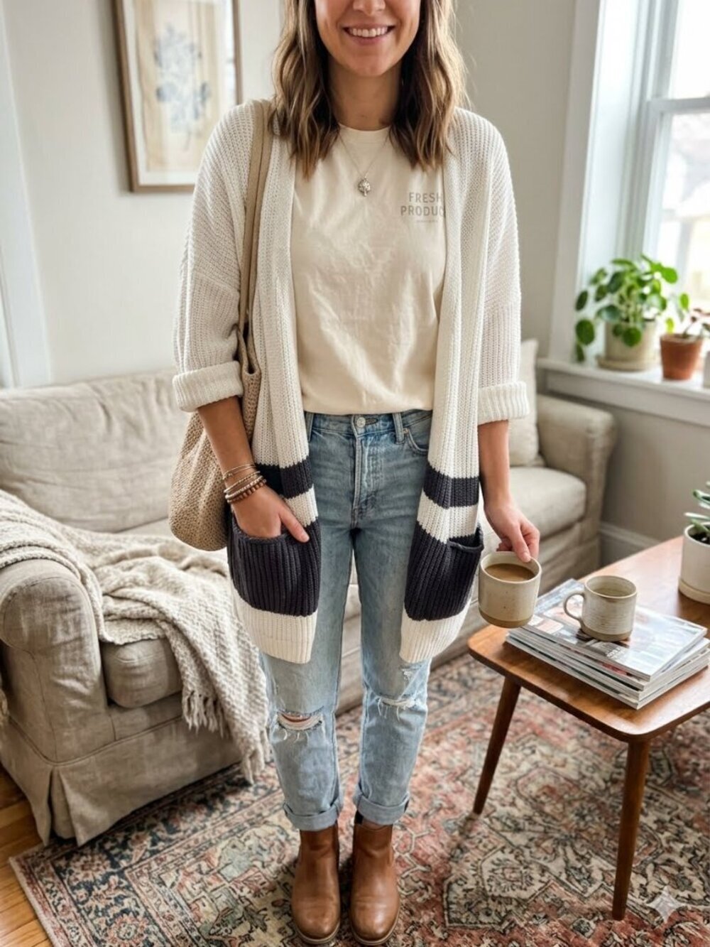Fresh Produce Size XS/S White Grey Loose Knit Slouchy Front Pockets Cardigan